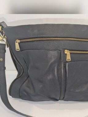 Fossil Pebbled Leather Crossbody Messenger Bag Blue Gray Multi Pocket Adjustable
